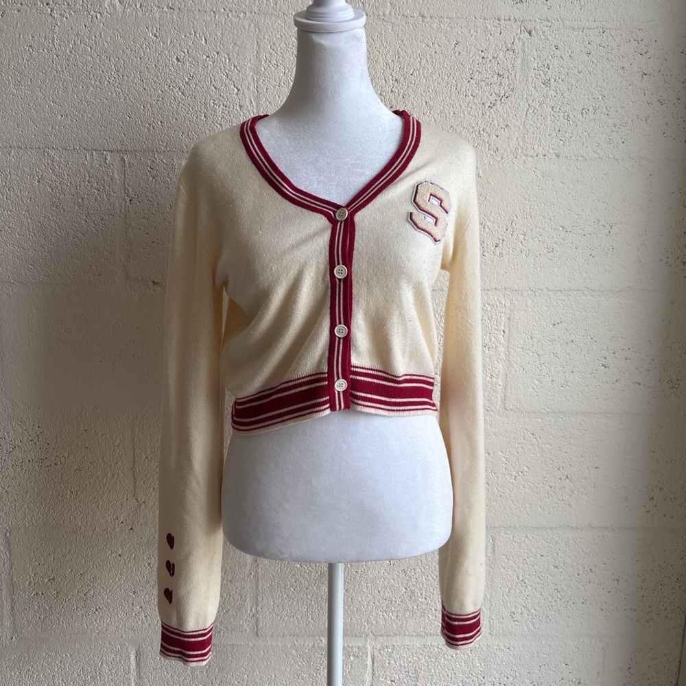 Chic Cream and Red Women's Cardigan